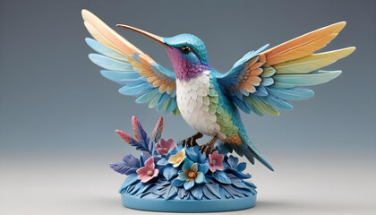 Obraz premium A colorful hummingbird figurine with detailed feathers and wings, perched on a white and blue base