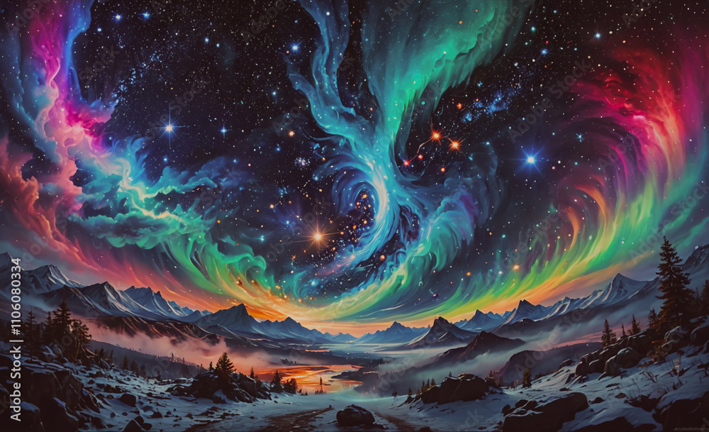 Poster painting of a colorful sky with a large swirl of light. the sky is filled with stars and the colors 