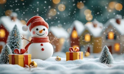 Fototapeta premium A festive winter scene featuring charming miniature snowmen with scarves and hats, surrounded by wrapped gifts and a cozy village of lit houses blanketed in snow. The magical atmosphere captures 