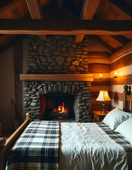 interior of a bedroom with fire place