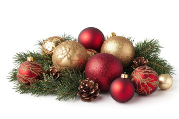 Christmas balls and pine branches adorned with golden glitter hang on a festive tree, casting a warm glow in the dimly lit room.