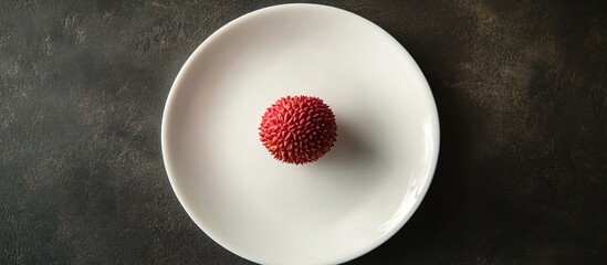 Single lychee fruit on a white plate.