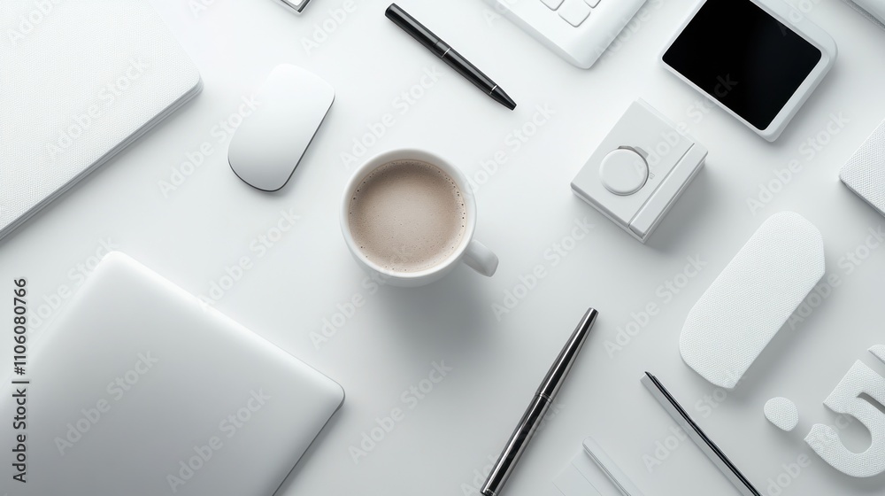 Poster white minimalist workspace coffee break setup