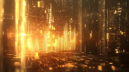 A dynamic bar chart with golden hues and financial icons in a glowing virtual interface