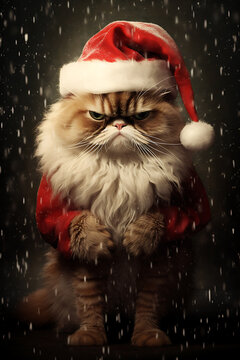 cute grumpy fluffy cat in santa claus hat