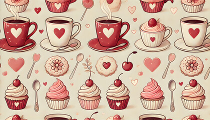 柔らかい色合いのハートとカップケーキのロマンチックなパターン
