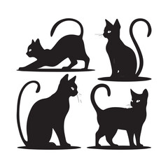 Vector cats set. Animal pet, wildcat and kitten, hunter and predator, black silhouette 