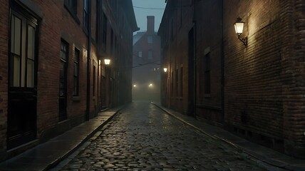 Misty alley at night with vintage buildings, faint glowing lights, and a hauntingly quiet atmosphere.
