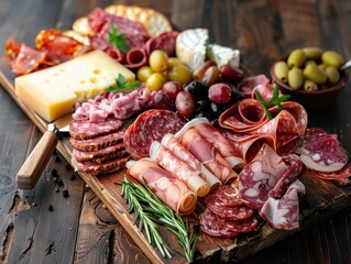 A vibrant charcuterie board featuring assorted meats, cheeses, olives, and herbs, beautifully arranged on a wooden platter.