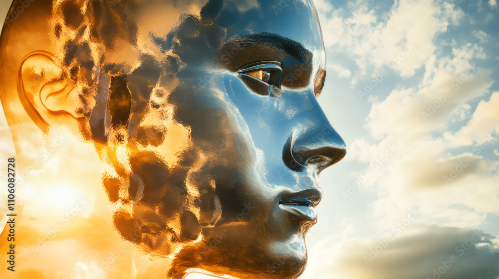 Poster chrome human head reflecting cloudy sky at sunset, symbolizing artificial intelligence and connectio
