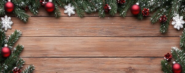 A festive wooden background adorned with green pine branches, red ornaments, and white snowflakes, perfect for holiday-themed designs.