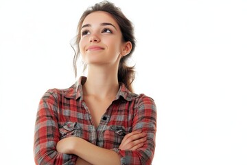 Portrait of Confident Woman with Arms Crossed Looking Up in Promotion Concept