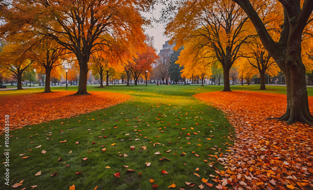 Aufkleber park with trees and leaves on the ground. the leaves are orange and yellow. there are many trees in 