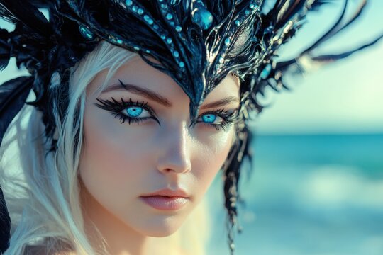Sea Witch. Portrait of a Beautiful Sorcerer Woman in Ursula Costume on Seaside