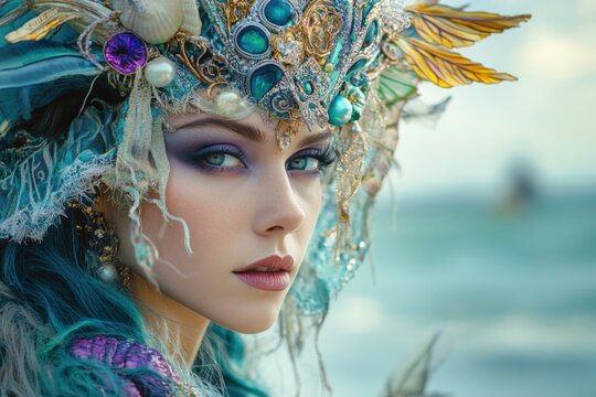 Sea Witch. Portrait of a Beautiful Sorceress in Ursula Costume by the Sea
