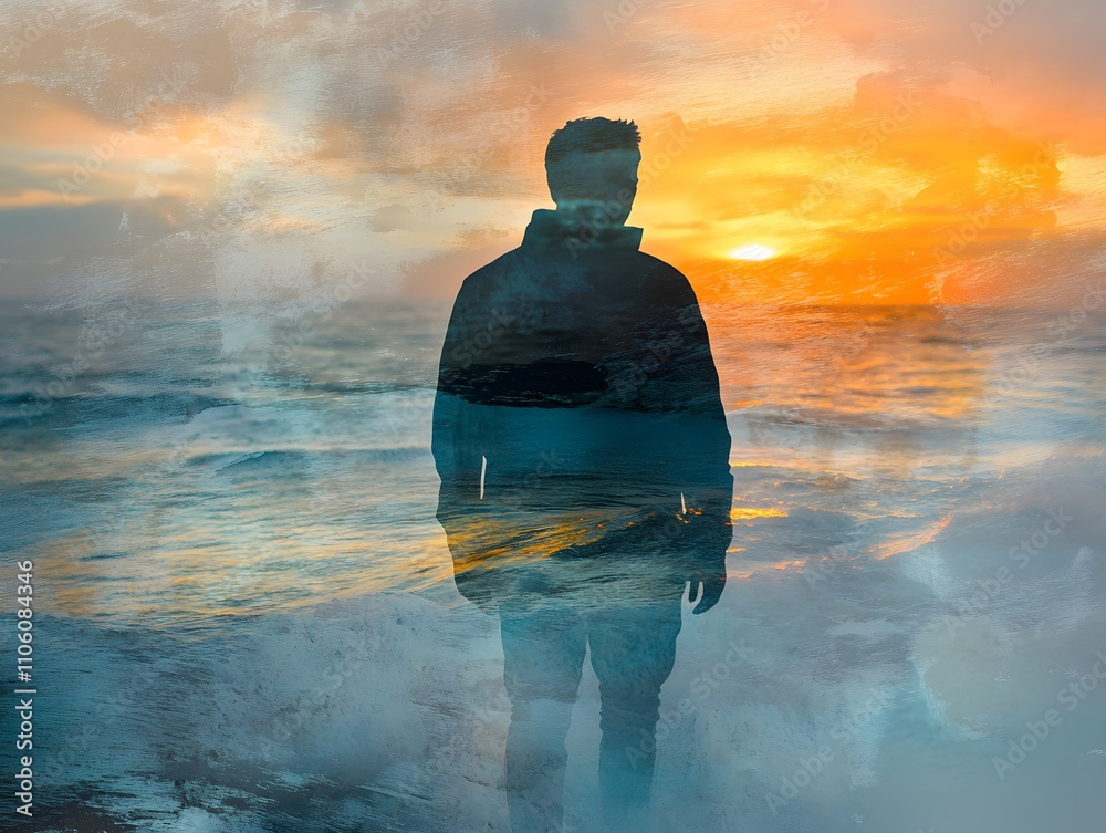 Aufkleber Silhouette of a Man Standing by the Ocean at Sunset with Dreamy Overlay of Waves and Sky in a Multicolored Abstract Image