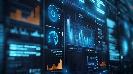 A digital financial report with pie charts and a prominent money graph displayed on a monitor
