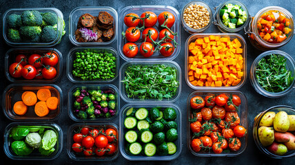 A vibrant table showcasing an array of fresh vegetables and fruits alongside meal prep containers, promoting a health-conscious lifestyle and organized meal planning.