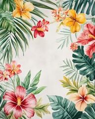 Tropical Watercolor Frame with Vibrant Flowers and Leaves
