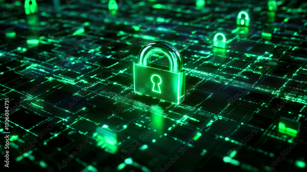 Poster glowing green padlock symbolizes data protection and cybersecurity on advanced circuit board, highli