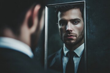 Self Aware. A businessman gazes in the mirror, contemplating self-awareness and inner facets of the mind