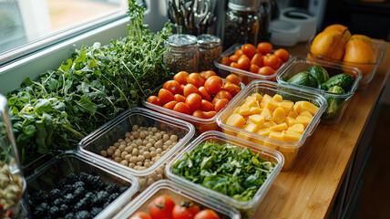 Obraz premium A vibrant table showcasing an array of fresh vegetables and fruits alongside meal prep containers, promoting a health-conscious lifestyle and organized meal planning.
