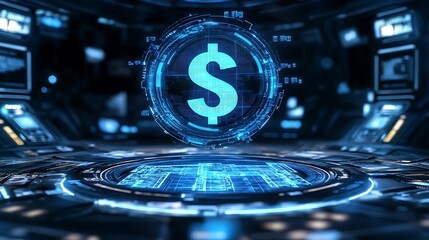 A futuristic holographic display of a money graph floating in a high-tech environment