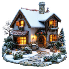 Fototapeta premium 3D little Сhristmas stone house in snow. PNG isolated on transparent background