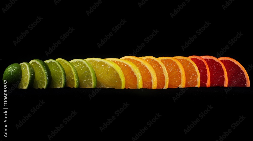 Poster a captivating lineup of citrus fruits flows in a gradient from lime to blood orange, showcasing thei