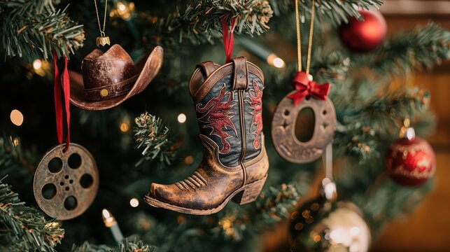 A set of western-themed Christmas ornaments, featuring cowboy boots, hats, and horseshoes, perfect for a rustic holiday tree