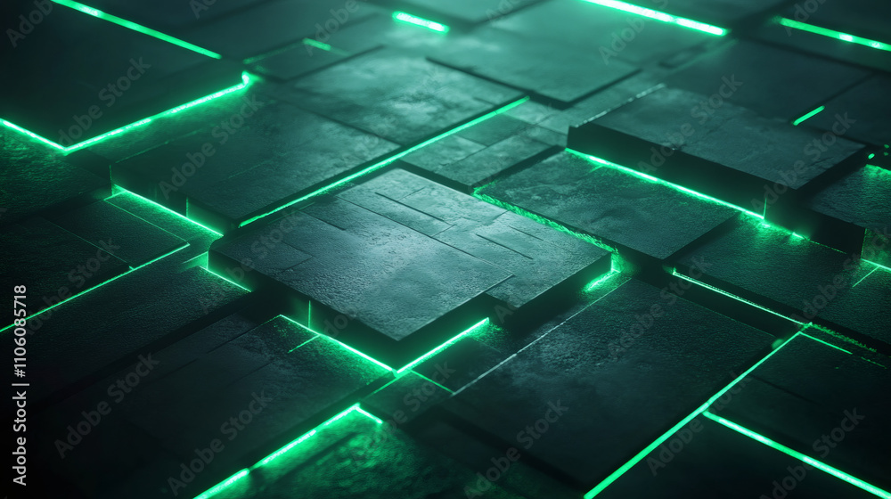 Poster futuristic and technological ambiance created by green neon lights on textured metallic surface in a