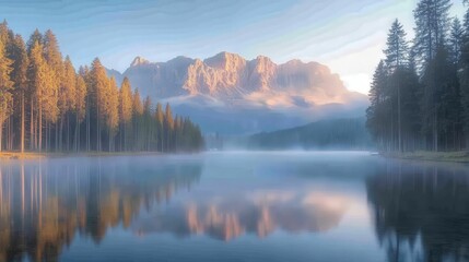 Fototapeta premium Serene mountain landscape reflecting in a tranquil lake surrounded by forests at dawn.