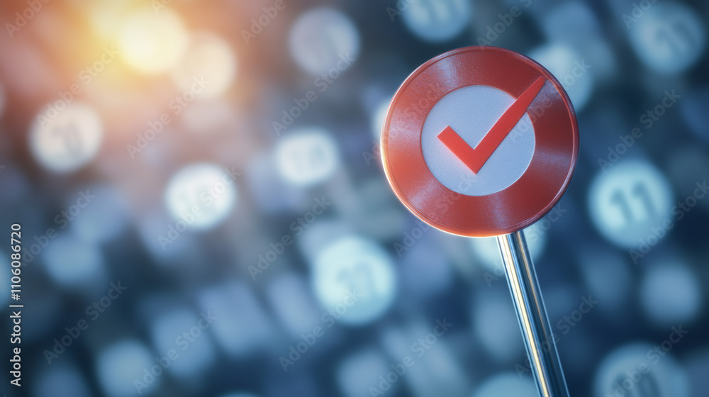 Poster Blurred background of numbers with red check mark sign validating and approving choices, symbolizing data analysis and decision-making