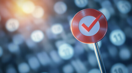 Blurred background of numbers with red check mark sign validating and approving choices, symbolizing data analysis and decision-making