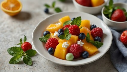 Fresh fruit salad with flowers and mint on a white plate.