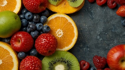 Obraz premium Fresh fruits and berries arranged in contrasting halves.