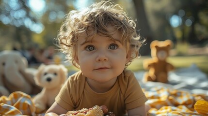 Naklejka premium Young child sitting on a picnic blanket with a hot drink.