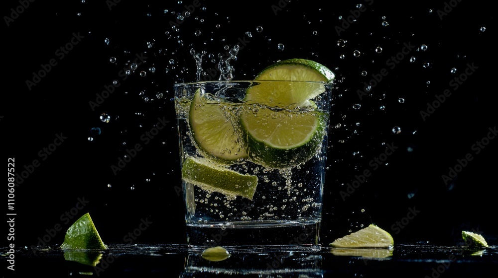 Poster A glass filled with water and fresh lime slices is splashing as lime wedges are added. The background is dark, highlighting the bright green citrus and water droplets around the glass.