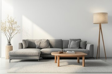 Modern Living Room Grey Sectional Sofa Wooden Coffee Table