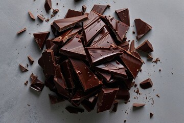 Heap of Sliced Melted Dark Chocolate on Pale Gray Background