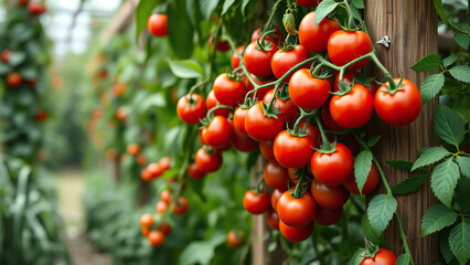 bunch of red orange and green cherry tomatoes growing on trellis in a garden,  home gardening ideas,  herb garden,  greenery garden decoration