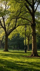 Fresh green park background with spring vibes.