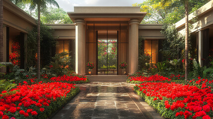 Obraz premium Stunning garden pathway with vibrant red flowers leading to an elegant building in a serene setting. Generative AI