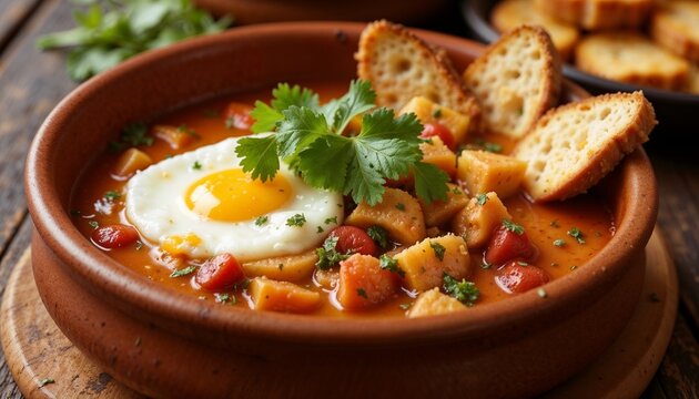 A&ccedil;orda with egg and mini sausages, rustic Portuguese dish in a clay bowl, copy space