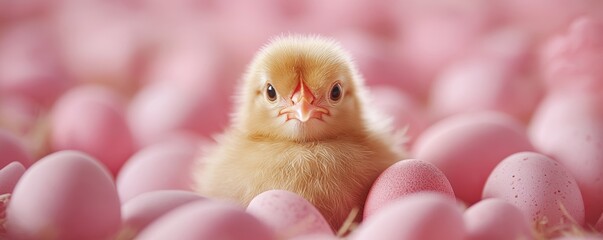 A fluffy yellow chick nestled among a multitude of pink pastel eggs, looking curiously at the viewer in a soft-focus setting filled with warmth.