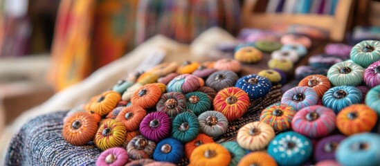 A collection of colorful, handmade buttons in various patterns and colors.