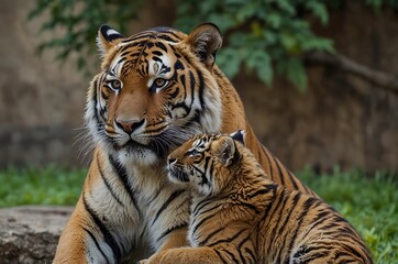 Mother Tiger Hugging Her Baby in the Wild
