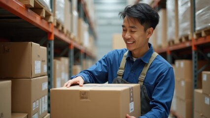 A warehouse employee happily lifts a box in a storage area filled with stacked packages. The environment is organized and well-lit, reflecting a productive atmosphere