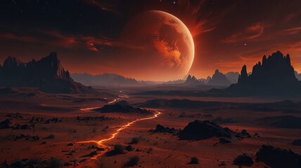 A breathtaking view of a crimson desert on a distant red planet, with towering cliffs that seem to reach the sky. The dark skies are illuminated by swirling auroras, while two massive moons loom in th