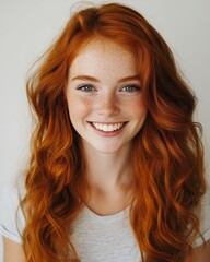 Fototapeta premium A joyful young woman with wavy red hair and freckles, wearing a trendy t-shirt, smiles warmly.